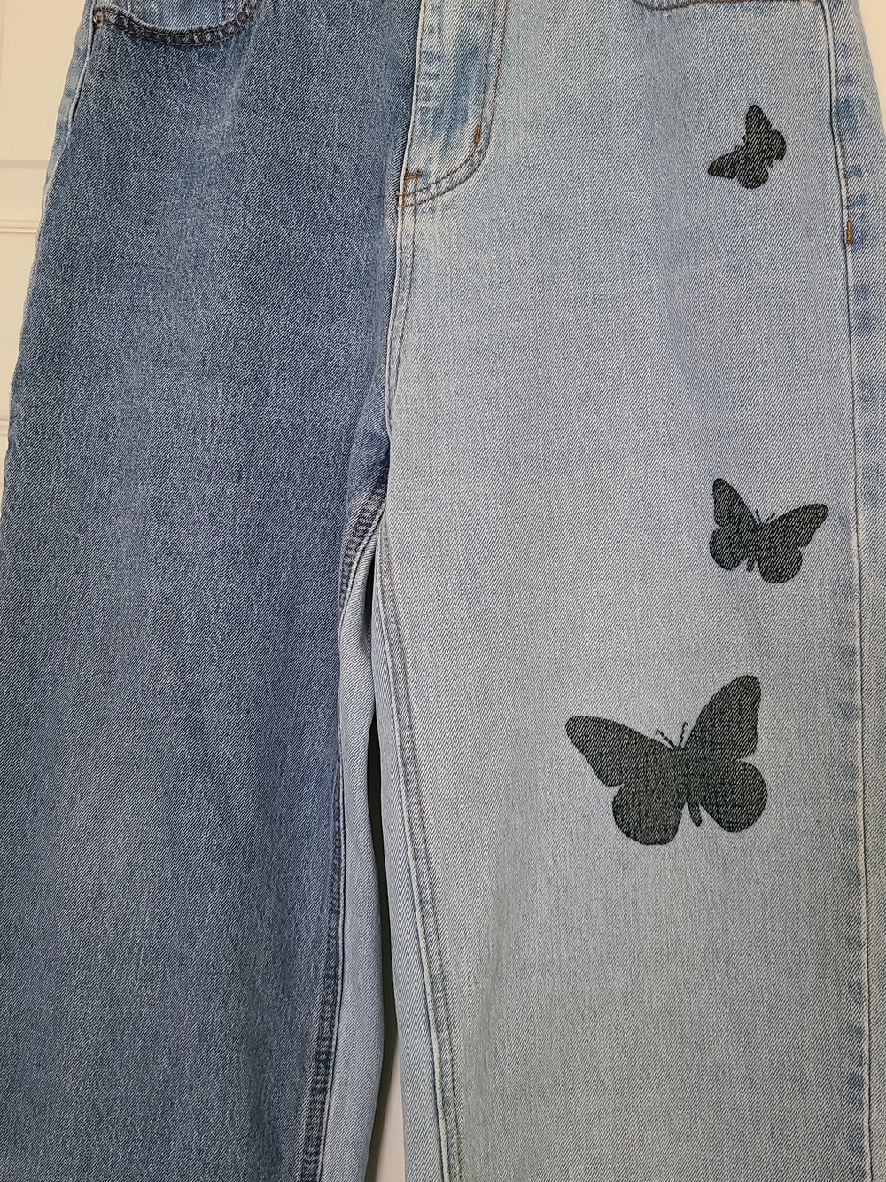 SHEIN Two-Tone Butterfly Wide Leg Jeans in Light & Medium Blue